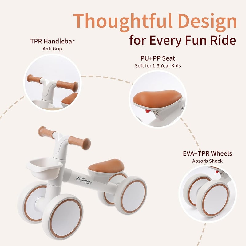 KidRoller Kid's Balance Bikes for 1 Year Old Boys and Girls, 12-24 Months Toddler Ride-on with Adjustable Seat and a Front Basket, First Birthday Gifts (White) - Image 3